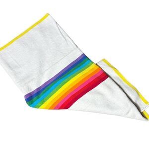 Terriville vintage Terry cloth beach towel white w rainbow down the middle